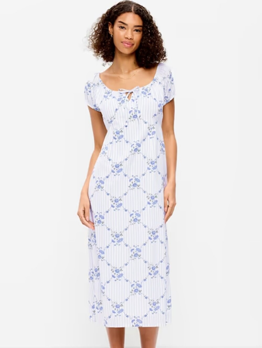 Old Navy Blue and White Floral-Print Scoop-Neck Midi Dress